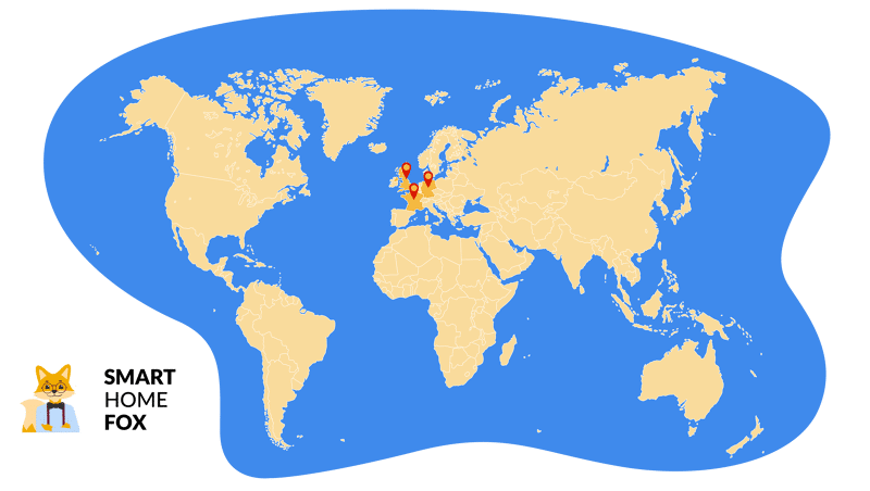 Auf einer Karte sind die Länder markiert, in denen Smart Home Fox präsent ist